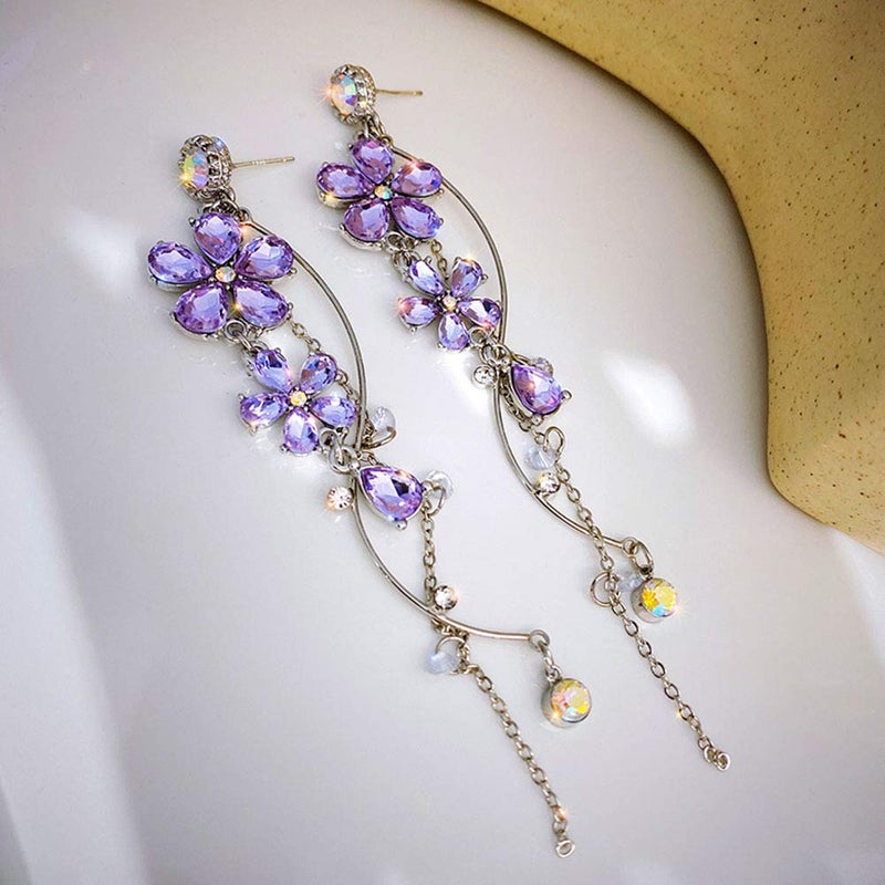 fxmimior Silver Long Flower Earrings Purple Rhinestones Big Dainty Floral Drop Earrings Statement Charm Earring Body Jewelry for Women - Image 4